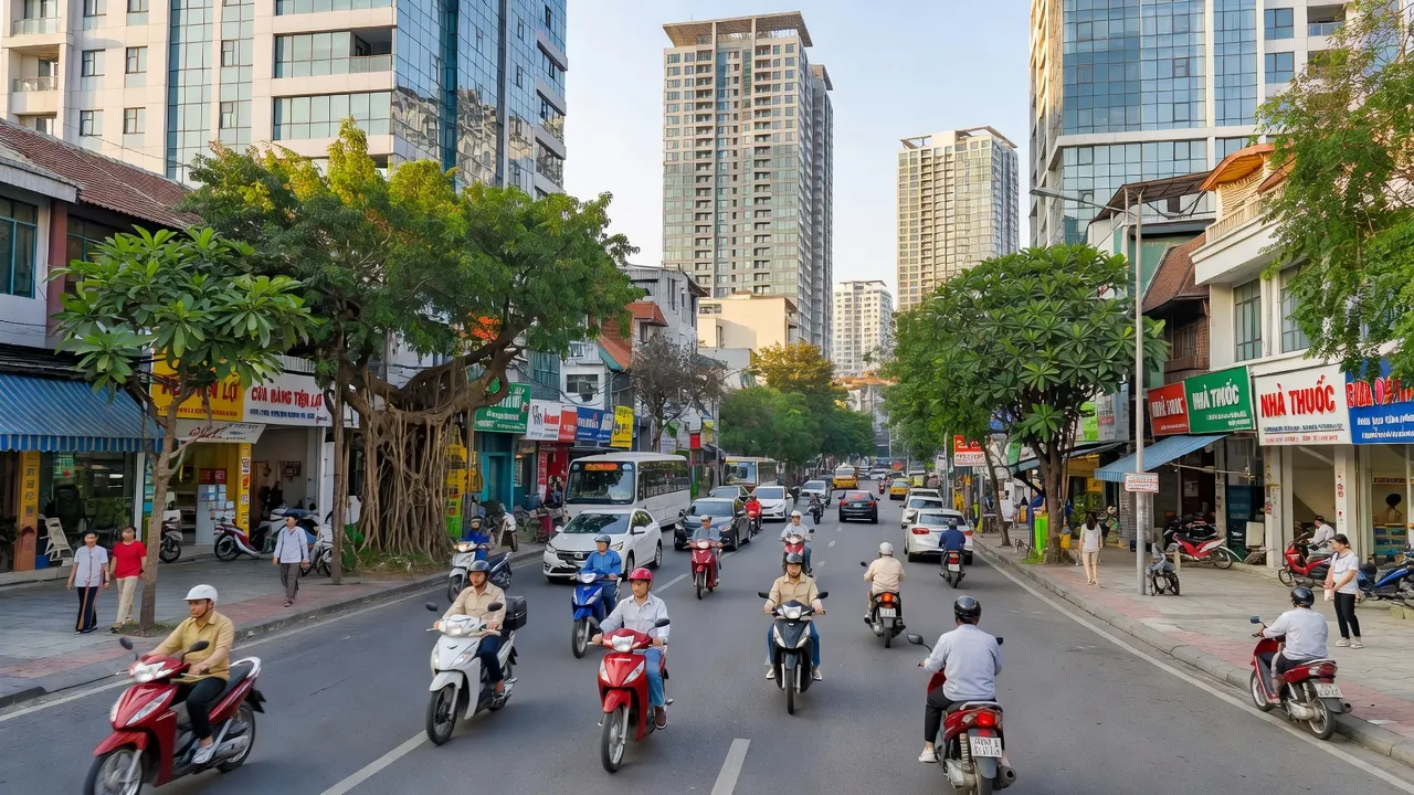 Khung cảnh phố phường nhộn nhịp ở Thuận Giao, Bình Dương, tòa nhà hiện đại và không gian xanh, urban life.