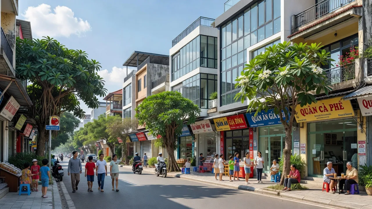 Cảnh đường phố sầm uất tại phường Vĩnh Phú, thành phố Thuận An, tỉnh Bình Dương.