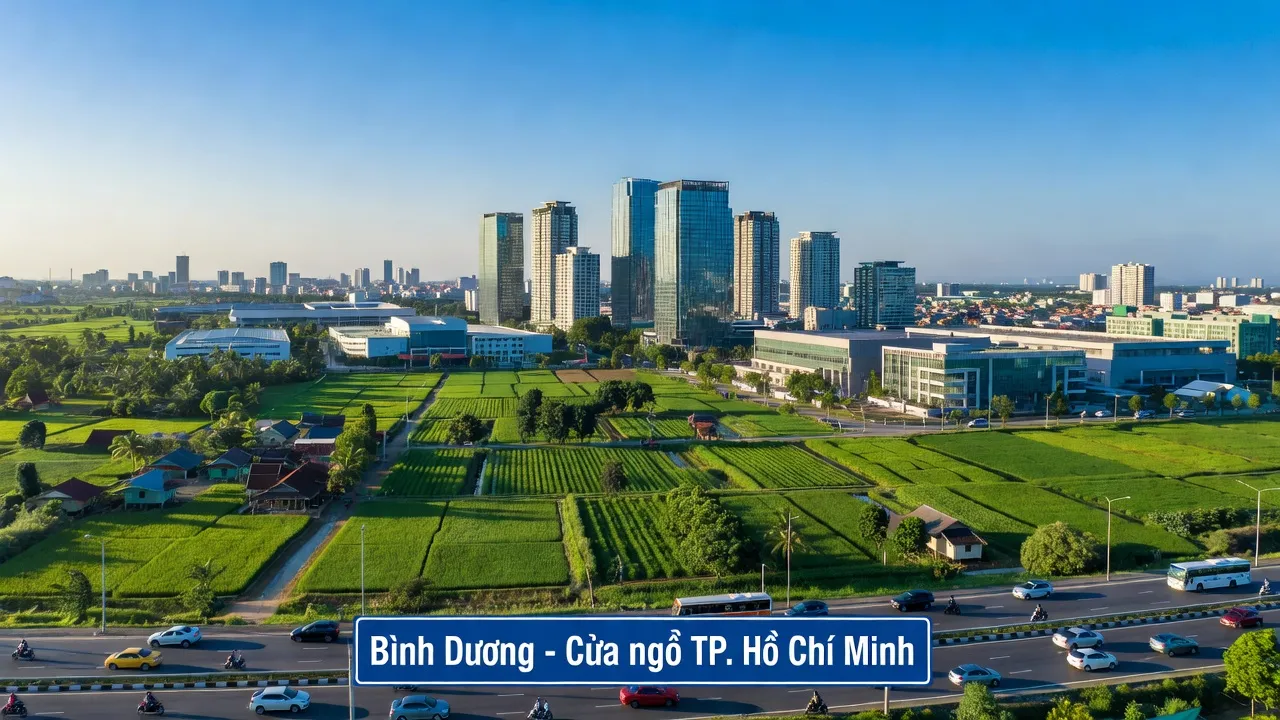 Cảnh đẹp tỉnh Bình Dương với các tòa nhà hiện đại và khung cảnh thiên nhiên xanh mát.
