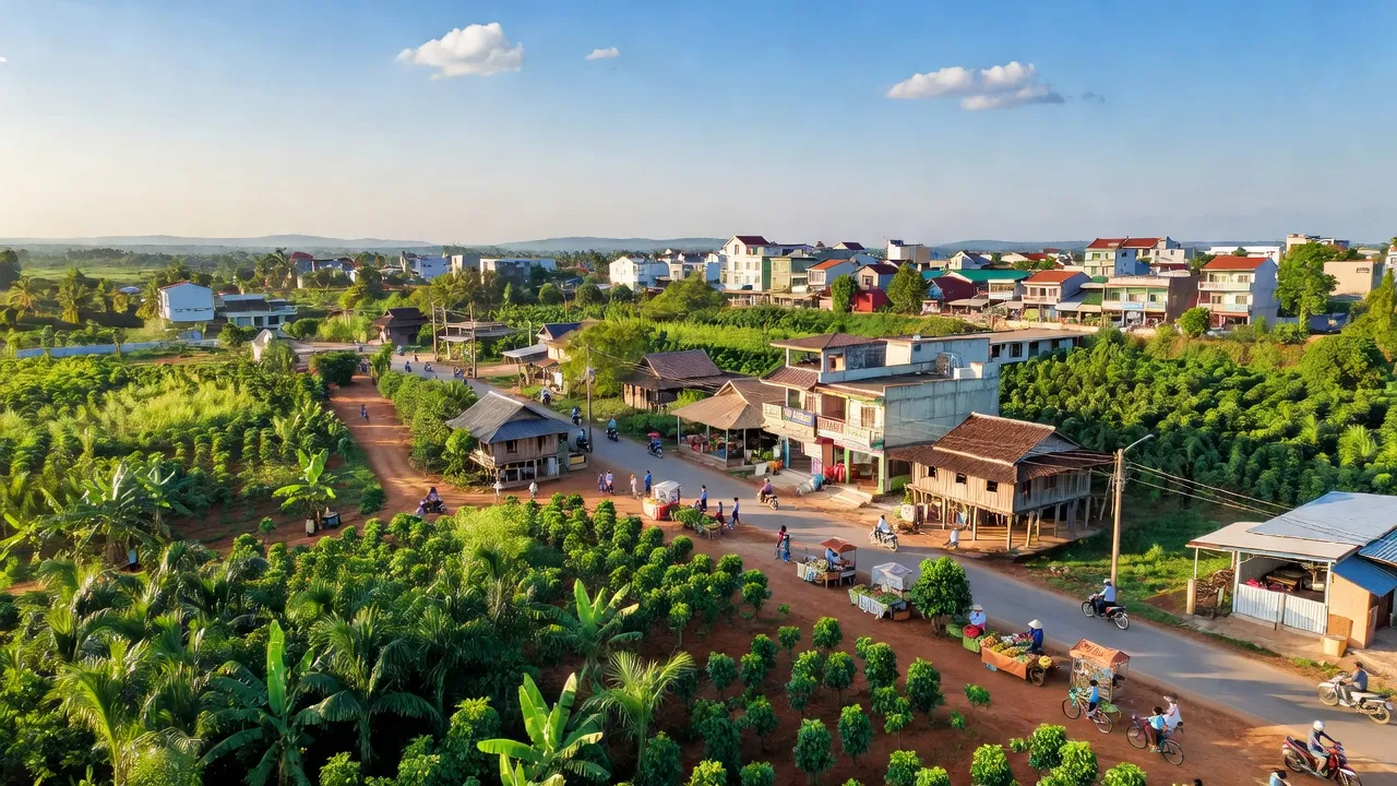 Khung cảnh thị xã Bình Long, tỉnh Bình Phước, trung tâm văn hoá và giáo dục với thiên nhiên xanh tươi.
