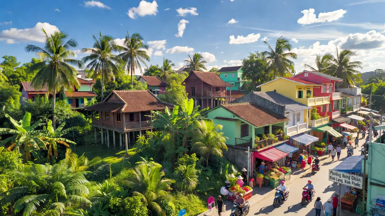 Khung cảnh tươi đẹp của Phường Hưng Chiến, Bình Long, với cây xanh và kiến trúc địa phương.