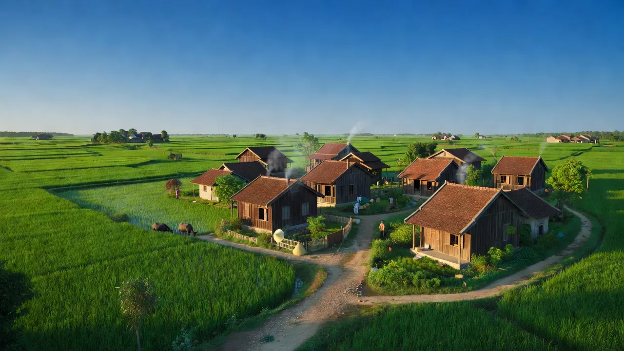 Khung cảnh đẹp tại xã Thanh Lương, Bình Long, tỉnh Bình Phước với cánh đồng xanh tươi.