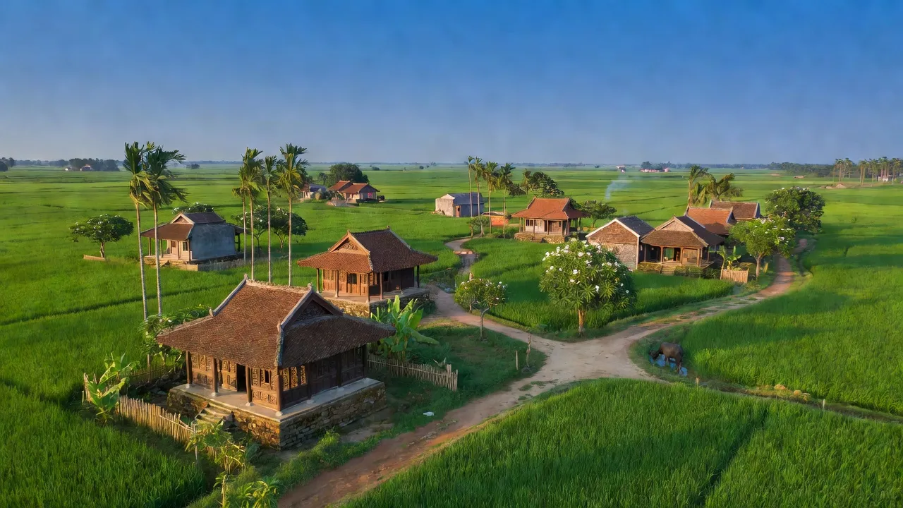 Cảnh đẹp xã Thanh Phú, thị xã Bình Long, Bình Phước với đồng xanh và nhà truyền thống Việt Nam.