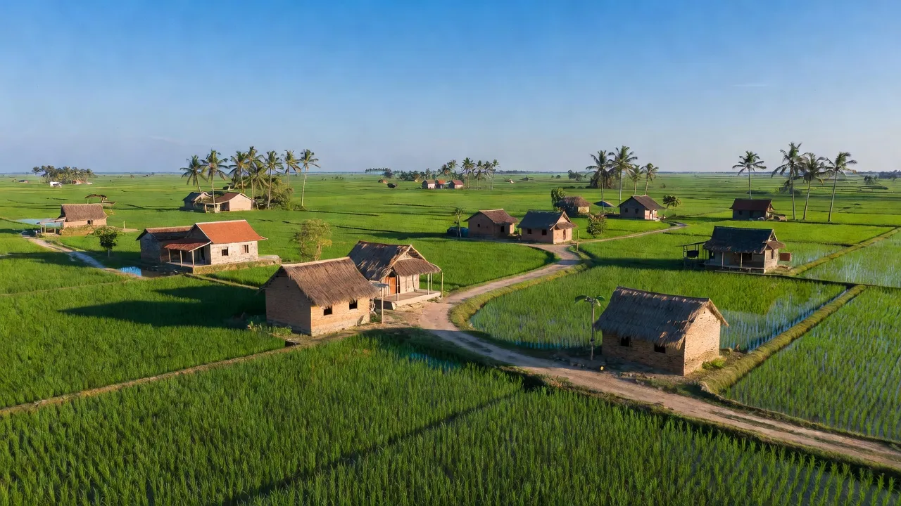 Khung cảnh yên bình ở xã Thanh Phú, Thị xã Bình Long, tỉnh Bình Phước, với ruộng lúa xanh và nhà truyền thống.