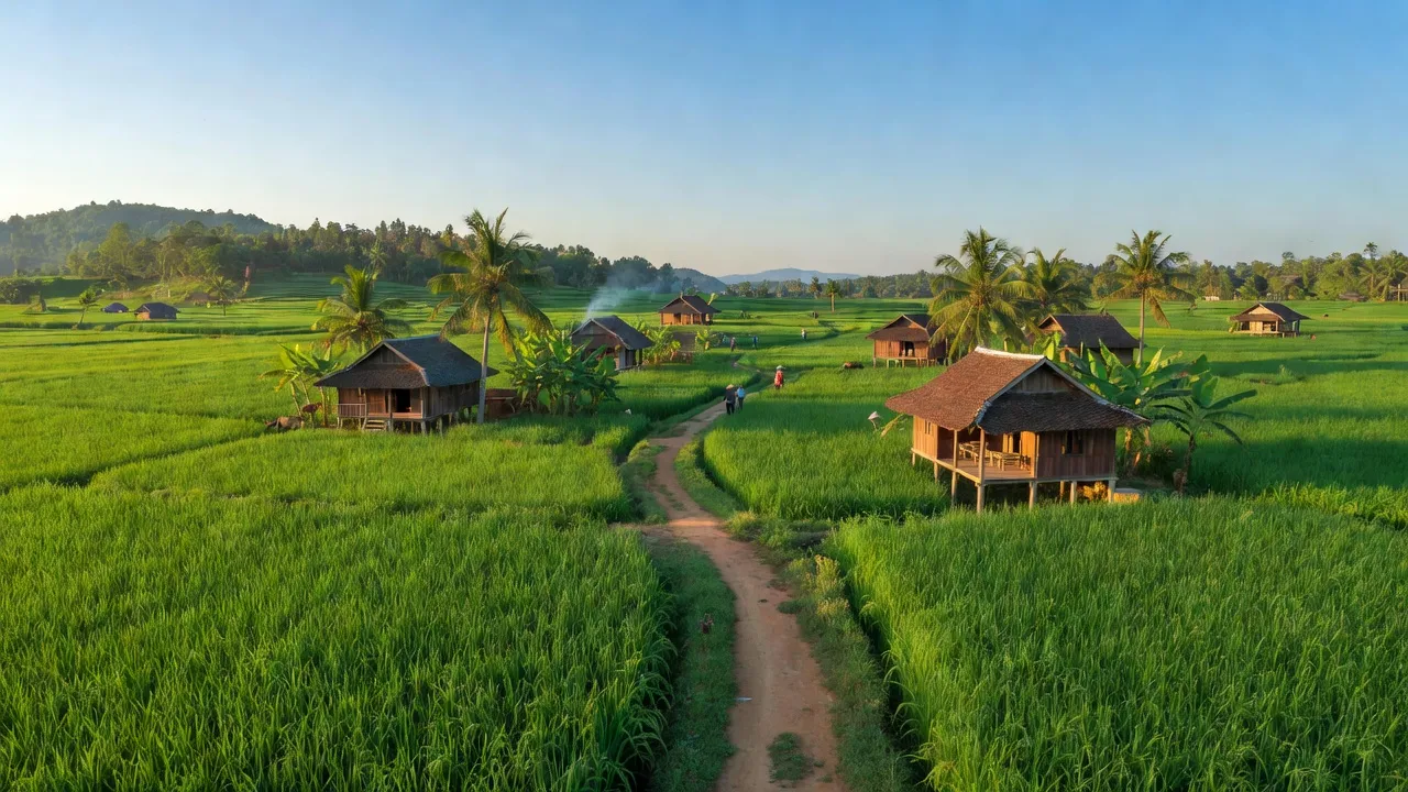 Cảnh sắc nông thôn xã Bình Minh, huyện Bù Đăng, tỉnh Bình Phước, cánh đồng xanh và nhà truyền thống.
