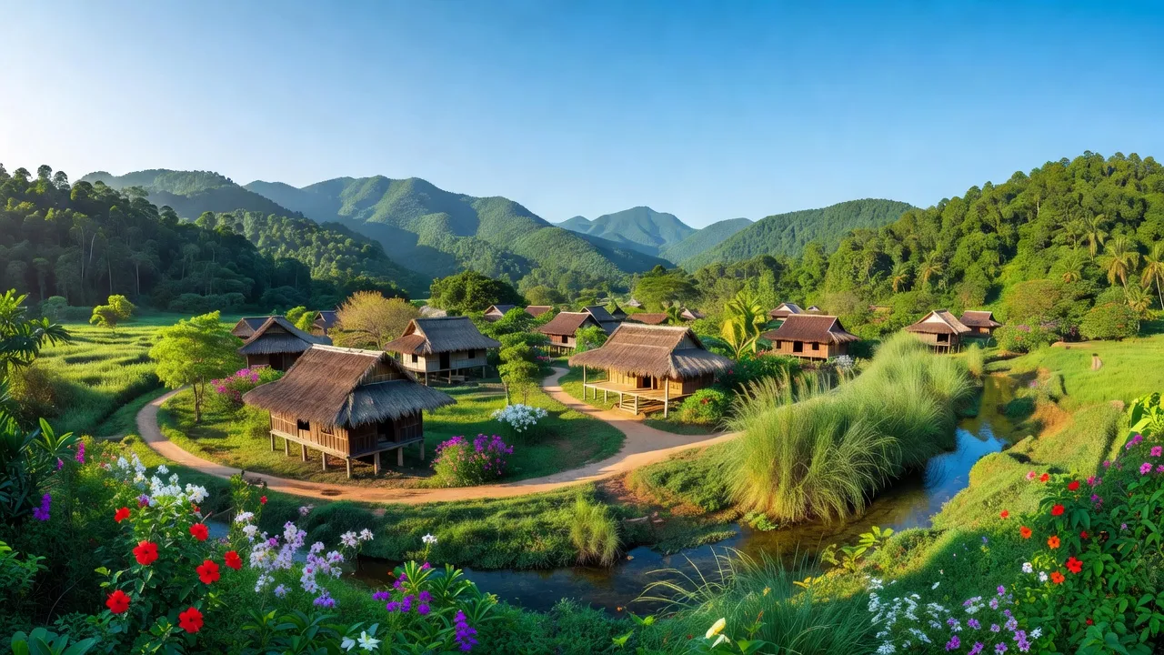 Toàn cảnh xã Bom Bo huyện Bù Đăng tỉnh Bình Phước với núi non và nhà truyền thống.