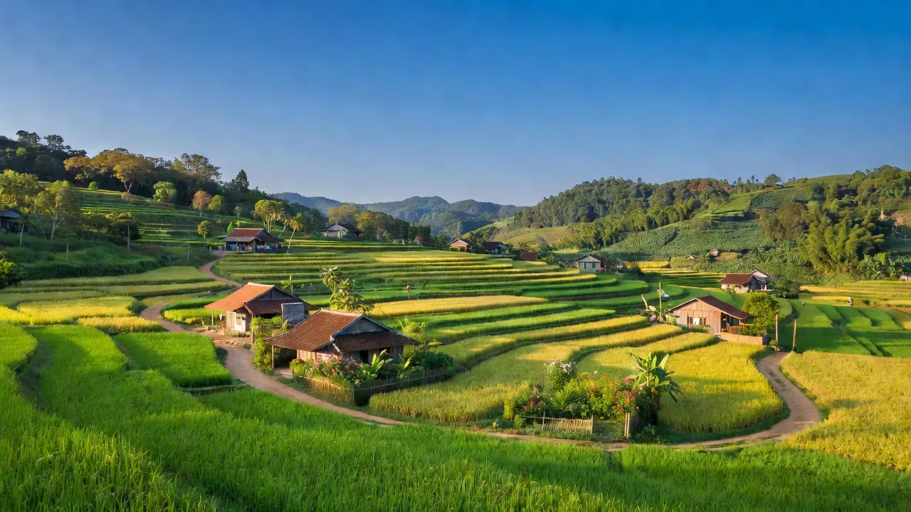 Cảnh đẹp xã Đak Nhau, huyện Bù Đăng, Bình Phước với cánh đồng xanh và trời trong.