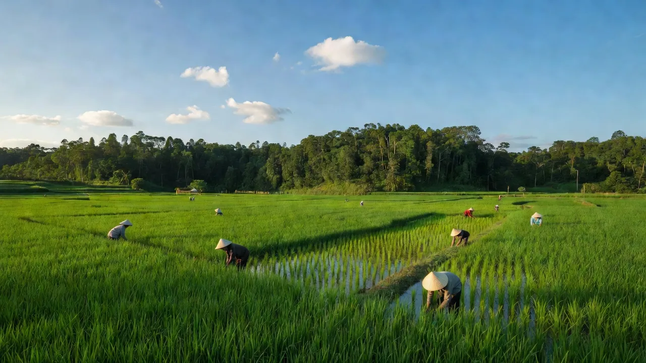 Khung cảnh nông thôn xã Đoàn Kết, huyện Bù Đăng, Bình Phước với đồng xanh và rừng.