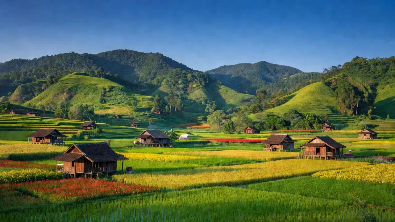 Phong cảnh đẹp ở xã Đồng Nai, huyện Bù Đăng, tỉnh Bình Phước với núi xanh và nhà truyền thống.