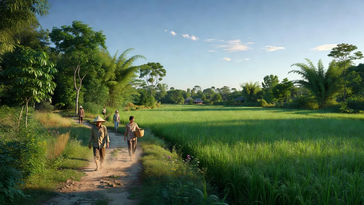 Khung cảnh nông thôn tại Xã Đức Liễu, Huyện Bù Đăng, Bình Phước, cánh đồng xanh và bầu trời trong.