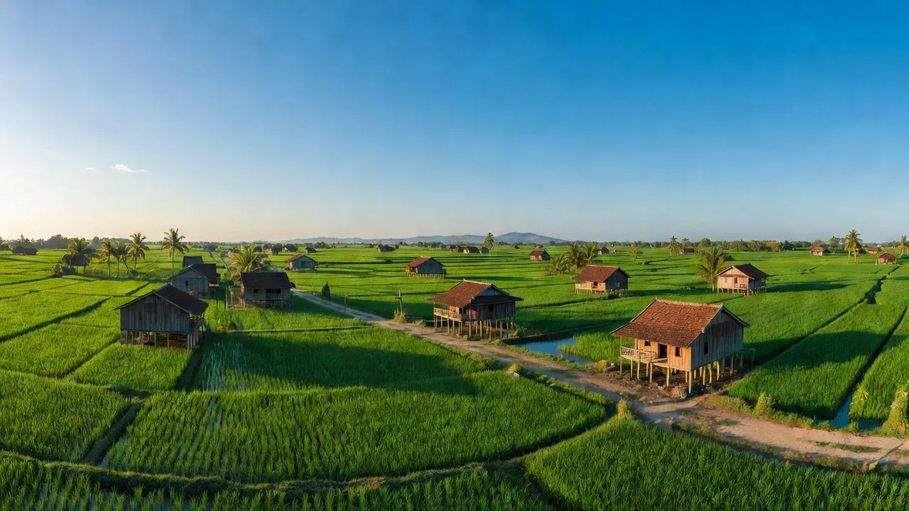 Khung cảnh đồng quê Xã Đường 10, Huyện Bù Đăng, với ruộng lúa xanh tươi và nhà truyền thống.