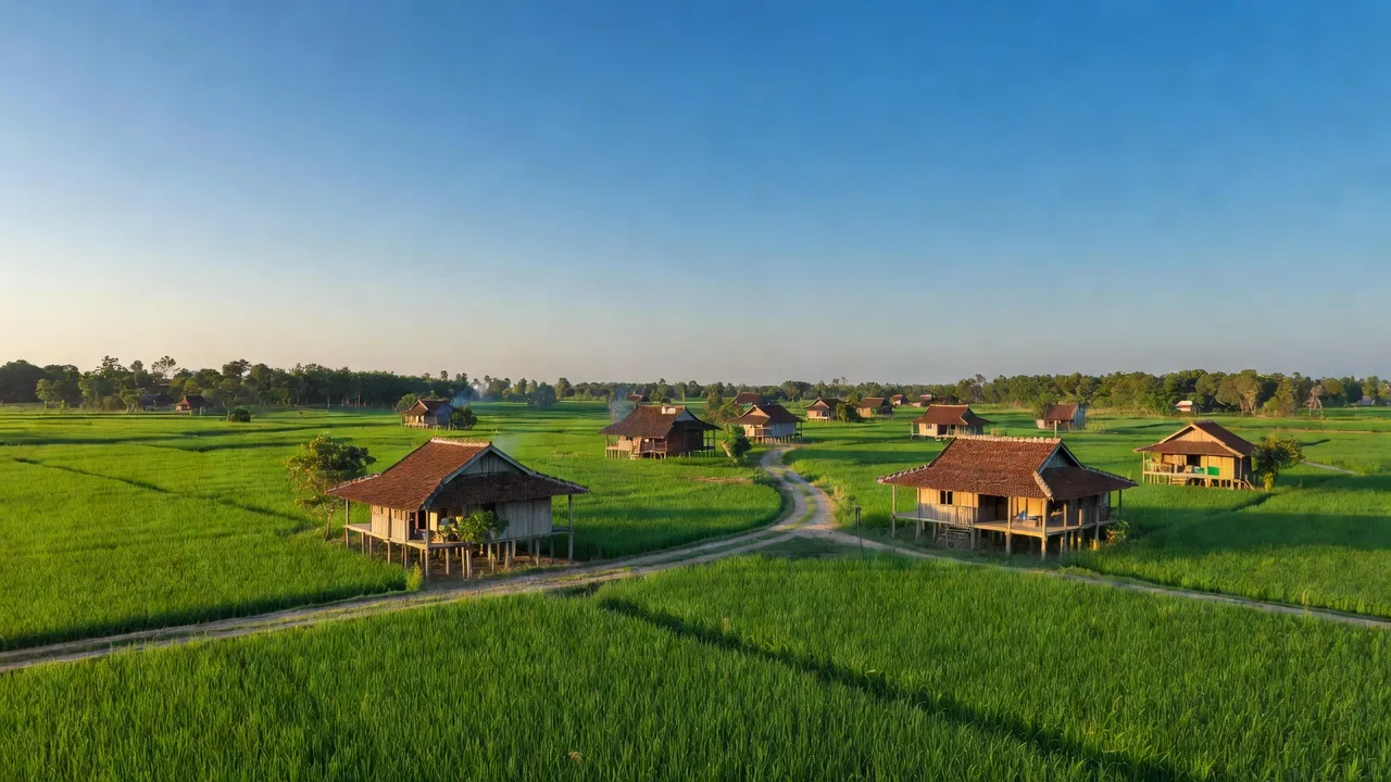 Khung cảnh yên bình tại Xã Đường 10, Huyện Bù Đăng, Tỉnh Bình Phước với cánh đồng xanh.