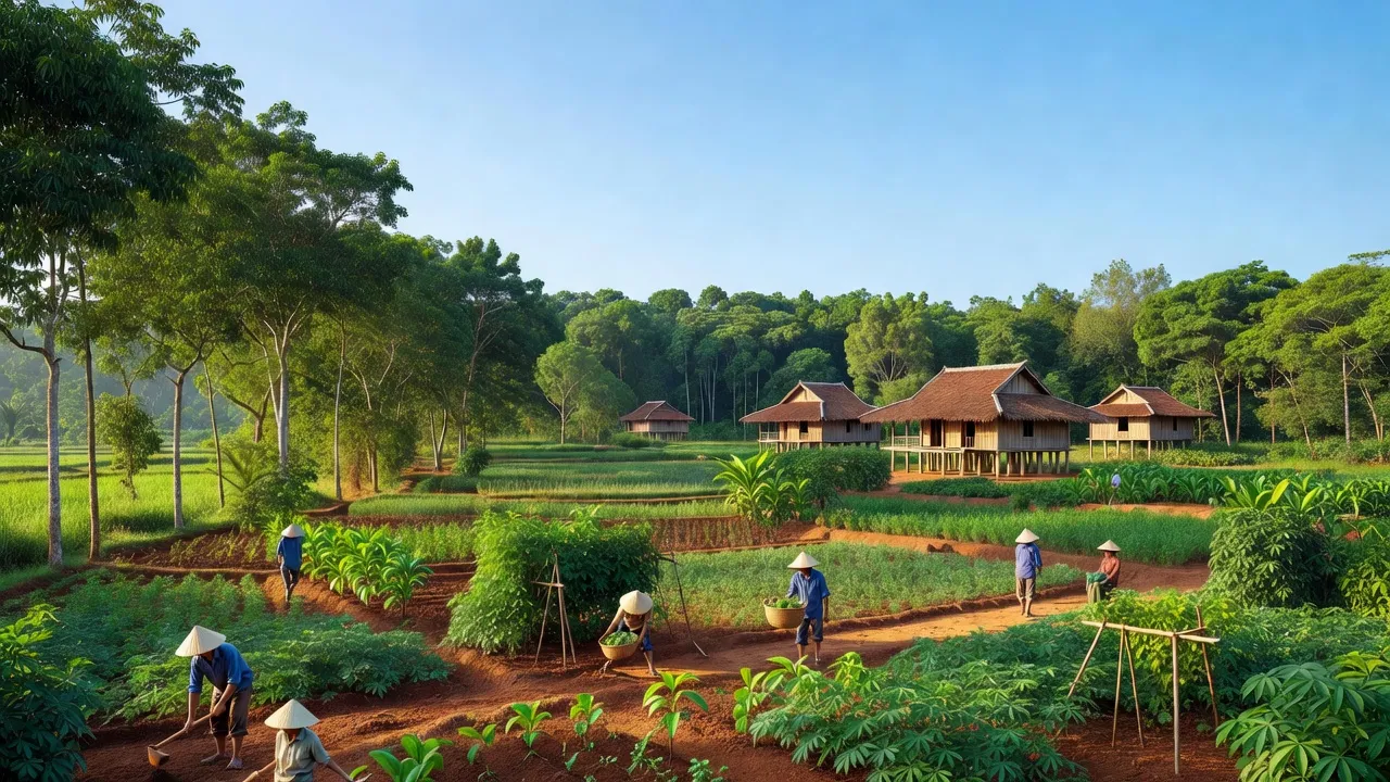 Cảnh quan thanh bình tại xã Minh Hưng, huyện Bù Đăng, tỉnh Bình Phước với nhà truyền thống và nông dân.