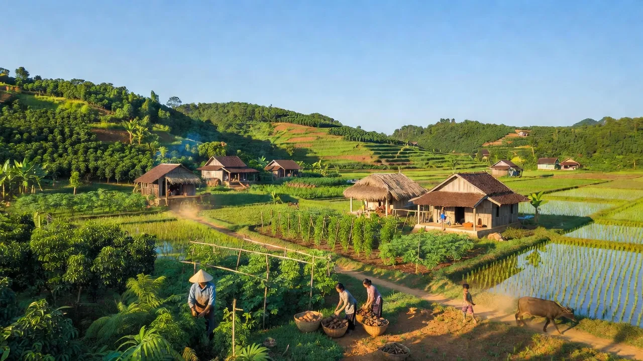 Quang cảnh Xã Minh Hưng, huyện Bù Đăng, tỉnh Bình Phước với cánh đồng xanh, hoạt động nông nghiệp.