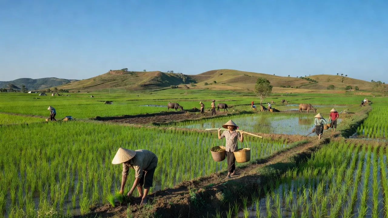 Cảnh đẹp xã Nghĩa Bình, huyện Bù Đăng, tỉnh Bình Phước với đồng ruộng và đồi núi xanh.
