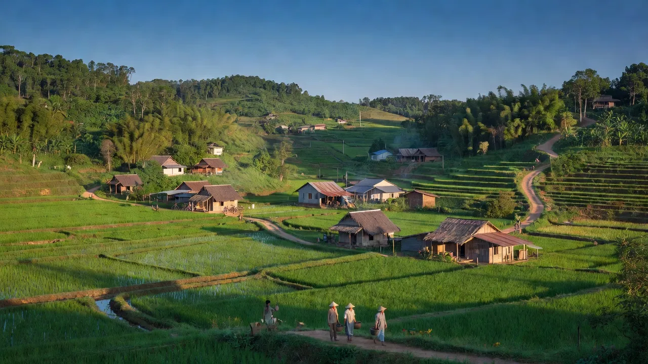 Nghĩa Trung village in Bù Đăng, Bình Phước, with green hills and clear sky, showcasing rural life.