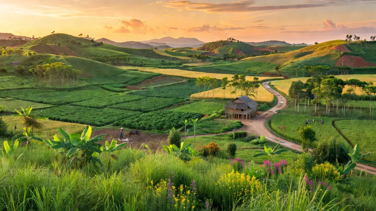 Quang cảnh xã Thống Nhất, huyện Bù Đăng, tỉnh Bình Phước với cánh đồng xanh tươi và đồi núi.