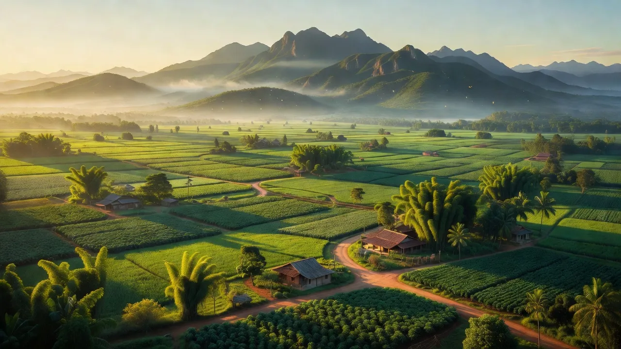 Cảnh quan huyện Bù Đốp, Bình Phước với cánh đồng, núi và làng mạc xanh tươi.