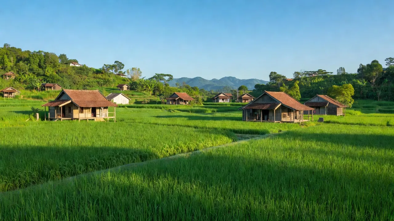 Cảnh đẹp xã Hưng Phước, huyện Bù Đốp, tỉnh Bình Phước với cánh đồng xanh và trời trong.
