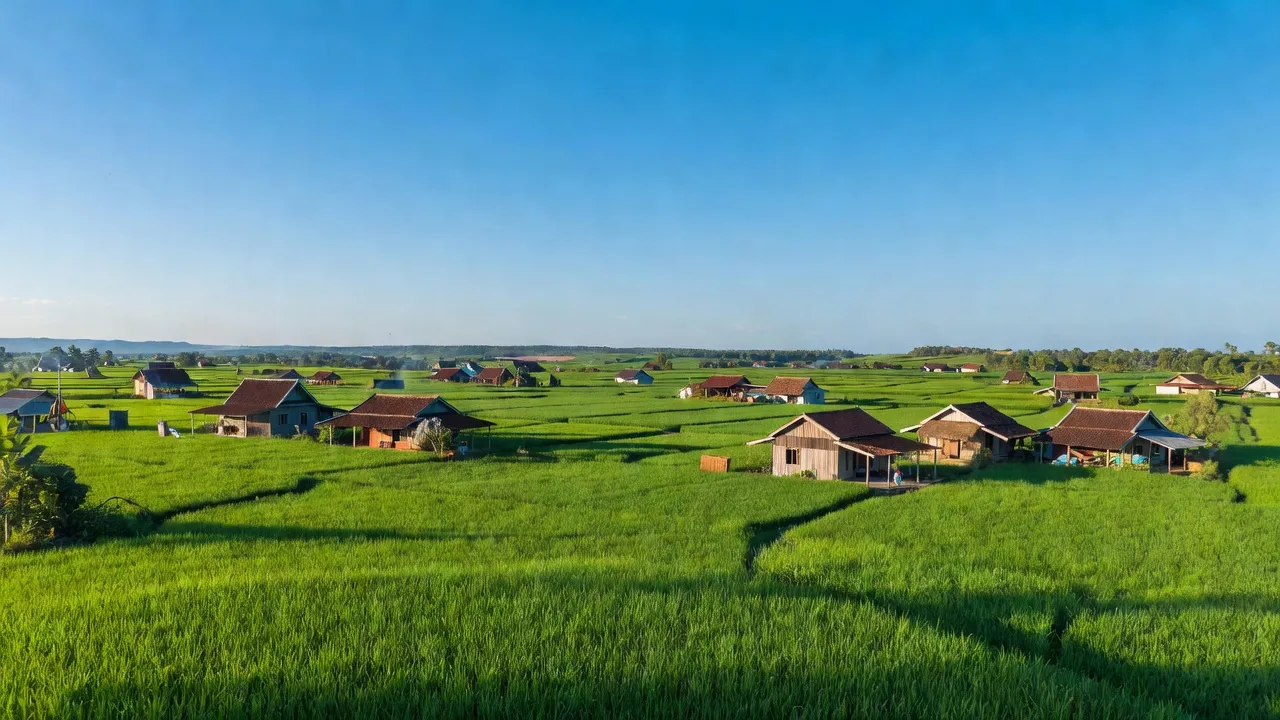 Khung cảnh xã Phước Thiện, huyện Bù Đốp, tỉnh Bình Phước với cánh đồng xanh và nhà cửa địa phương.