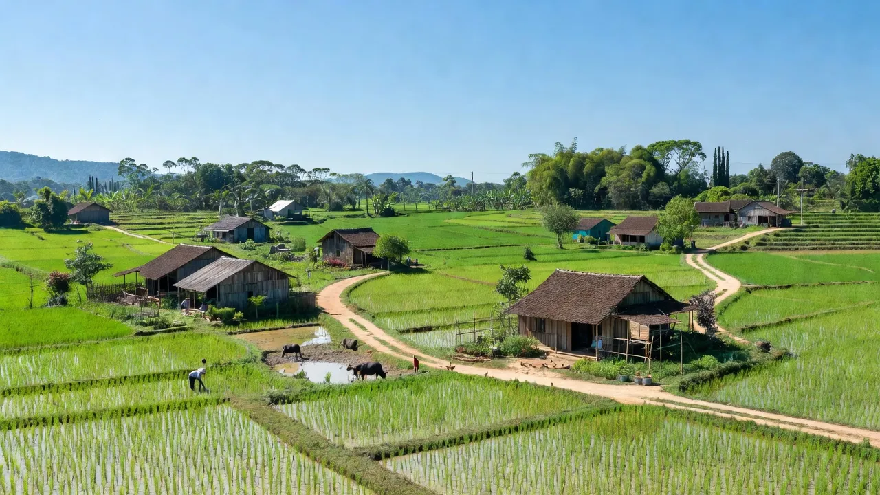 Cảnh sắc xã Tân Thành ở huyện Bù Đốp, tỉnh Bình Phước với thiên nhiên xanh tươi và cuộc sống nông thôn.