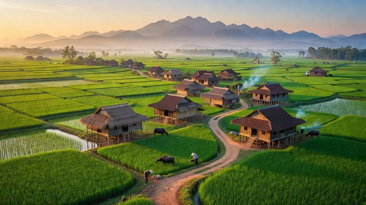 Khung cảnh xã Tân Thành, huyện Bù Đốp, Bình Phước với đồng cỏ xanh tươi và nhà truyền thống.