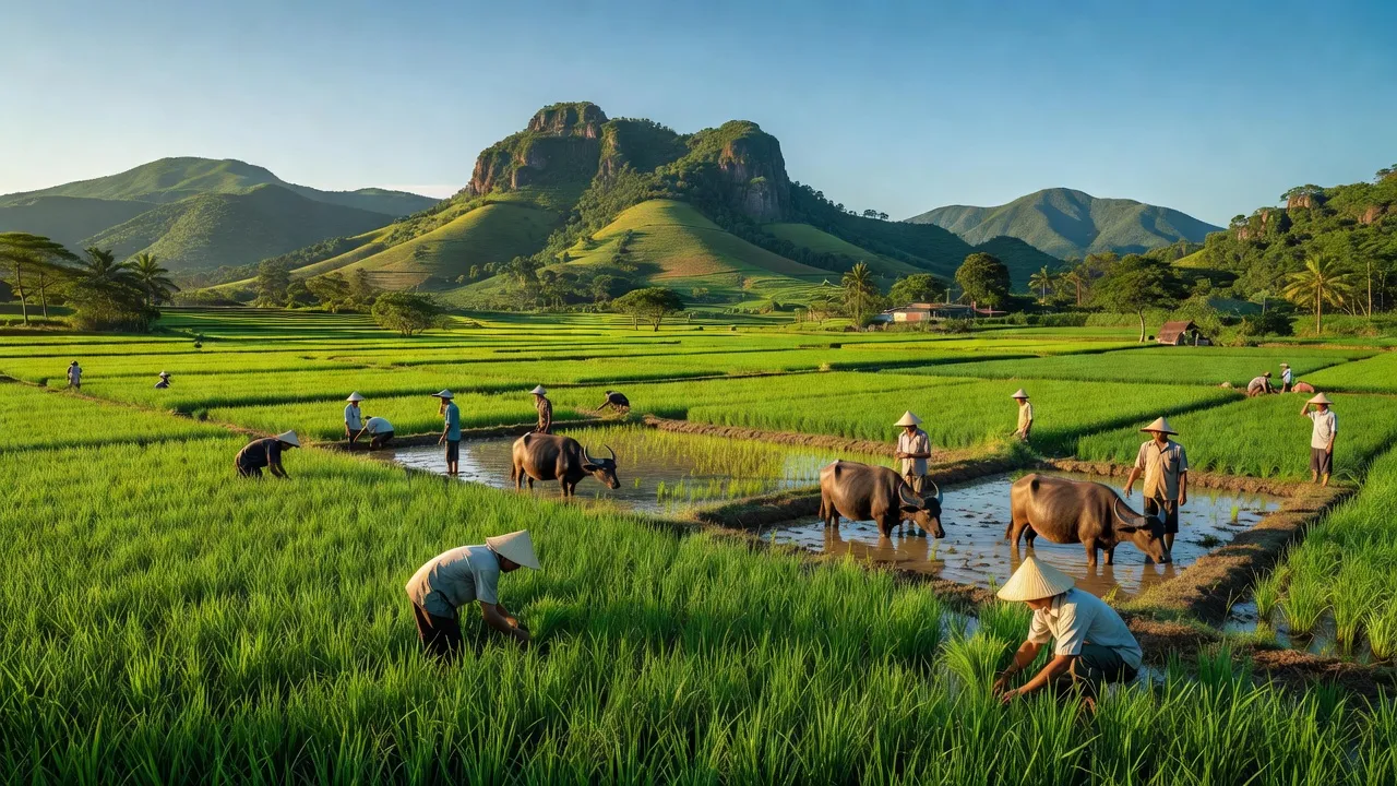 Cảnh quan xã Tân Tiến, huyện Bù Đốp, tỉnh Bình Phước với đồng ruộng và thiên nhiên tươi đẹp.