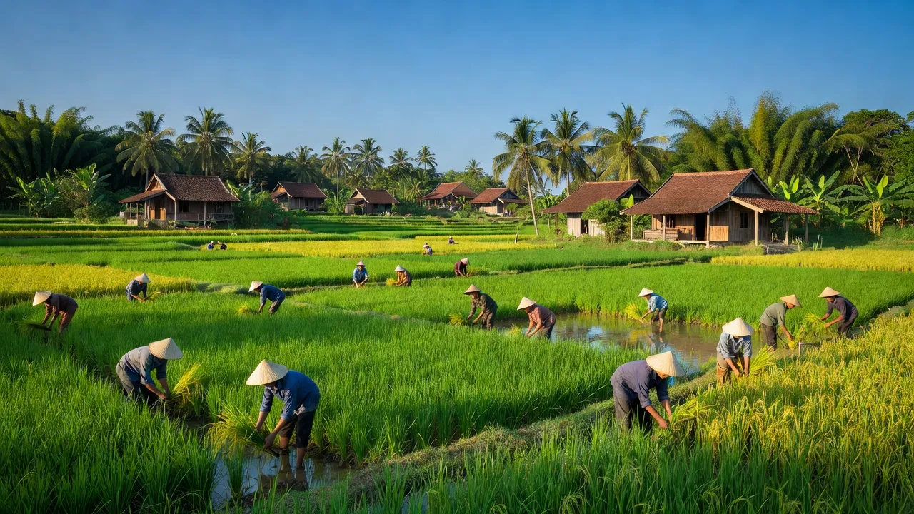 Khung cảnh xã Tân Tiến, huyện Bù Đốp, tỉnh Bình Phước với cánh đồng xanh tươi và nhịp sống nông nghiệp.