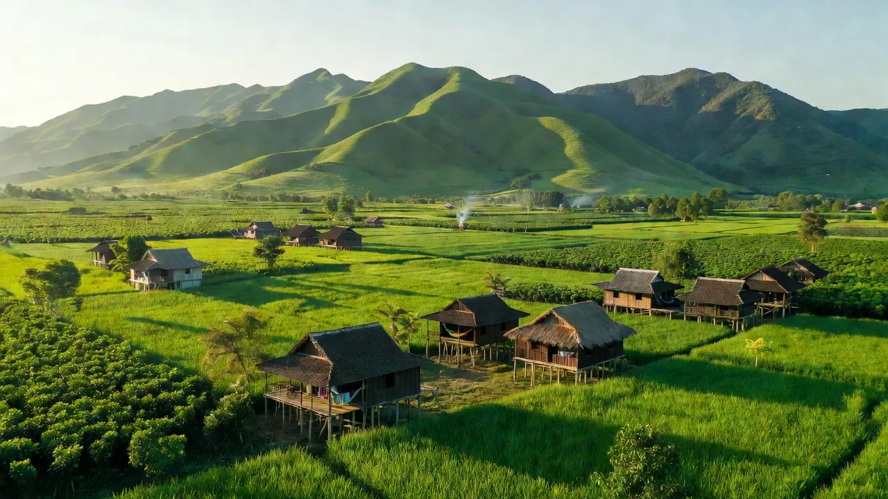 Cảnh quan thị trấn Thanh Bình, huyện Bù Đốp, tỉnh Bình Phước với núi rừng và ánh nắng.