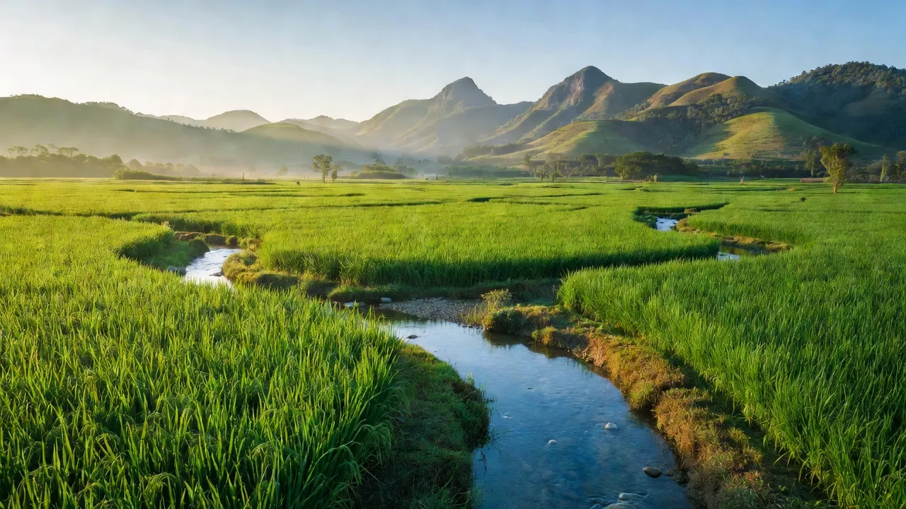 Xã Thiện Hưng với cánh đồng xanh, đồi núi và dòng suối trong Bình Phước, thể hiện thiên nhiên tươi đẹp.