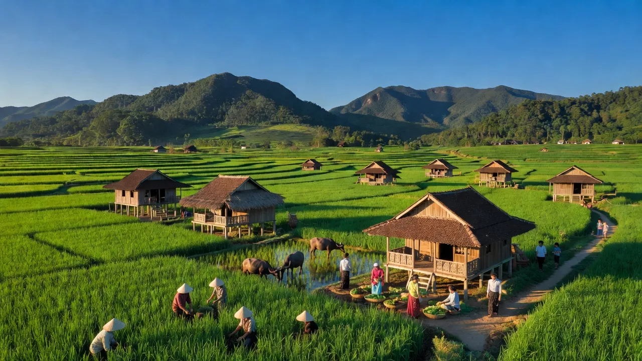 Cảnh quan thiên nhiên xã Bình Thắng, huyện Bù Gia Mập, tỉnh Bình Phước với đồng xanh và núi đồi.