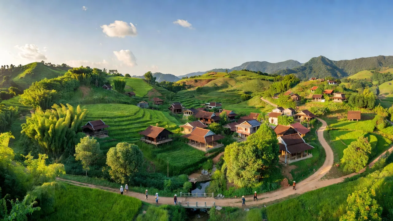 Khung cảnh xã Bình Thắng, huyện Bù Gia Mập, tỉnh Bình Phước với đồi núi xanh tươi và nhà truyền thống.