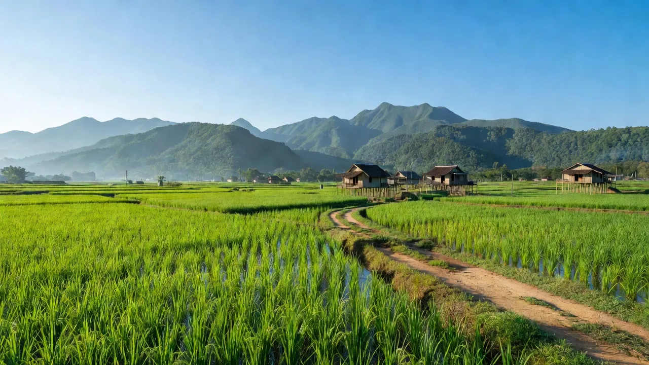 Cảnh đồng xanh ở Xã Đa Kia, huyện Bù Gia Mập, tỉnh Bình Phước, với núi non và bầu trời trong xanh.