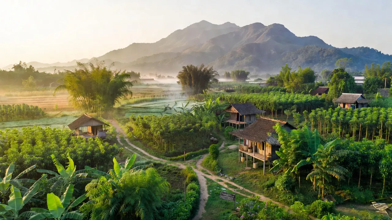 Cảnh thiên nhiên yên bình tại xã Đức Hạnh, huyện Bù Gia Mập, tỉnh Bình Phước, với núi Bà Rá phía xa.