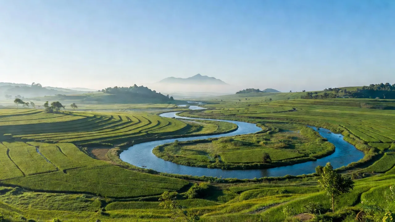 Khung cảnh thiên nhiên đẹp tại xã Đức Hạnh, huyện Bù Gia Mập, Bình Phước với núi và cánh đồng.