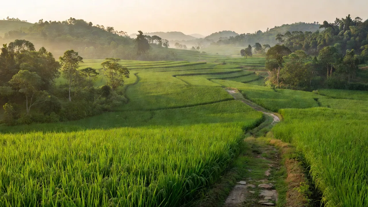 Khung cảnh đẹp tại xã Phú Nghĩa, huyện Bù Gia Mập, Bình Phước với đồi núi và cánh đồng xanh.