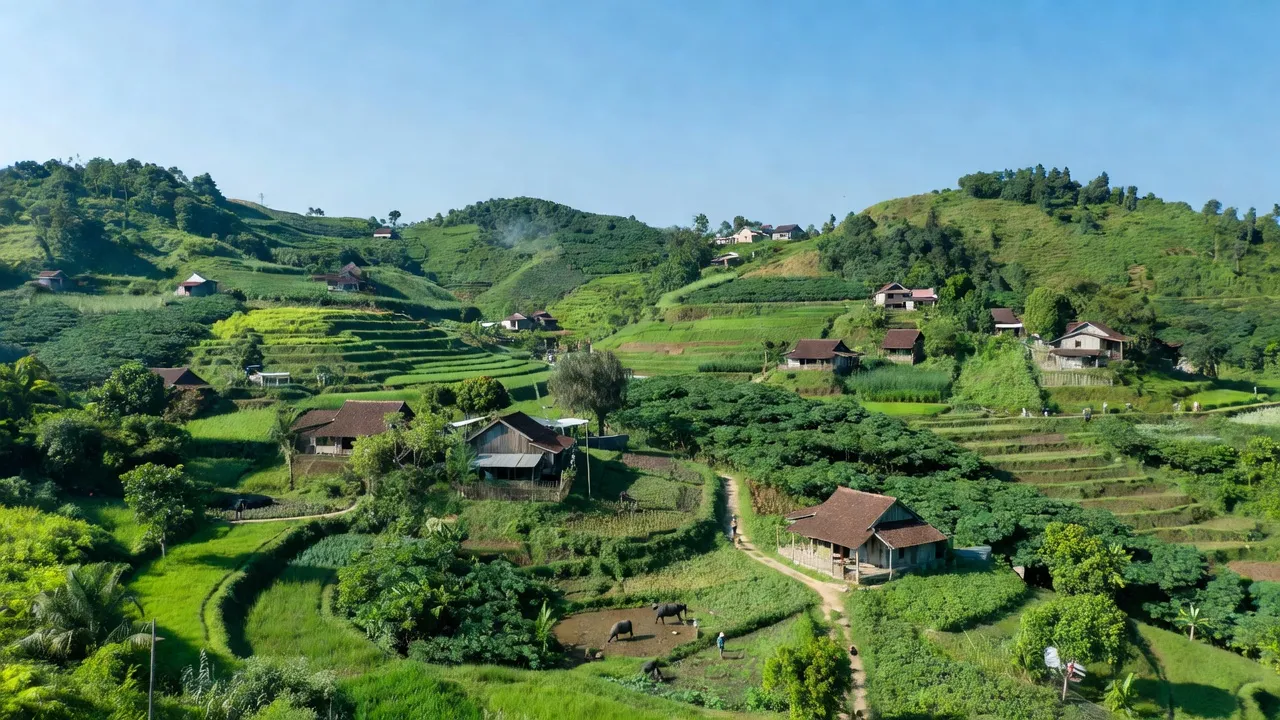 Khung cảnh xã Phú Nghĩa, huyện Bù Gia Mập, Bình Phước với đồi núi xanh tươi và nông nghiệp.