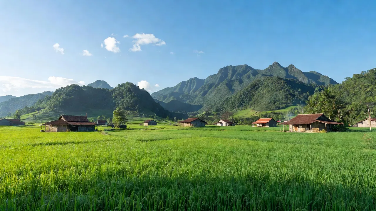 Khung cảnh thiên nhiên Xã Phước Minh, huyện Bù Gia Mập, tỉnh Bình Phước với đồng xanh và núi non.