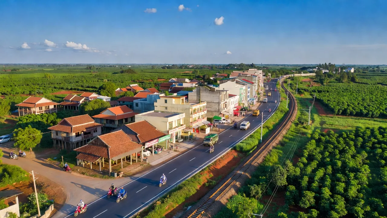 Khung cảnh thị xã Chơn Thành, tỉnh Bình Phước với cánh đồng xanh và kiến trúc địa phương.