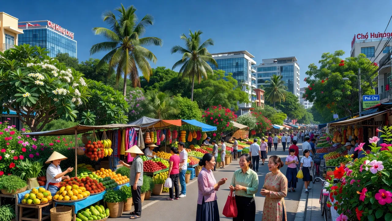 Cảnh quan phường Hưng Long, thị xã Chơn Thành, Bình Phước với hoạt động kinh tế sôi nổi và đường phố nhộn nhịp.