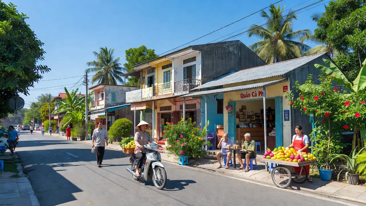 Khung cảnh sống động tại Phường Hưng Long, Thị xã Chơn Thành, tỉnh Bình Phước, thể hiện đời sống địa phương.