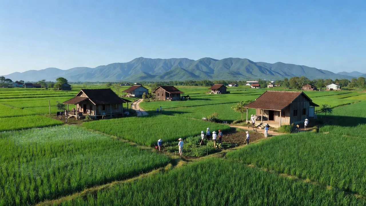 Cảnh quan Xã Quang Minh, Thị xã Chơn Thành với đồng cỏ xanh và nhà truyền thống, Bình Phước.