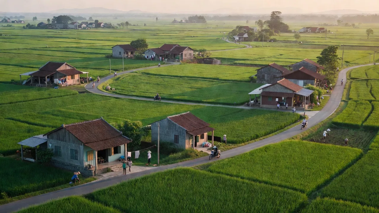 Phong cảnh yên bình Phường Thành Tâm, Thị xã Chơn Thành với cánh đồng xanh và nhà cửa.