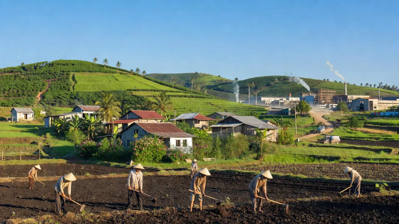 Cảnh đẹp xã Đồng Tâm, huyện Đồng Phú, tỉnh Bình Phước với đồi núi, nhà dân và khu công nghiệp.