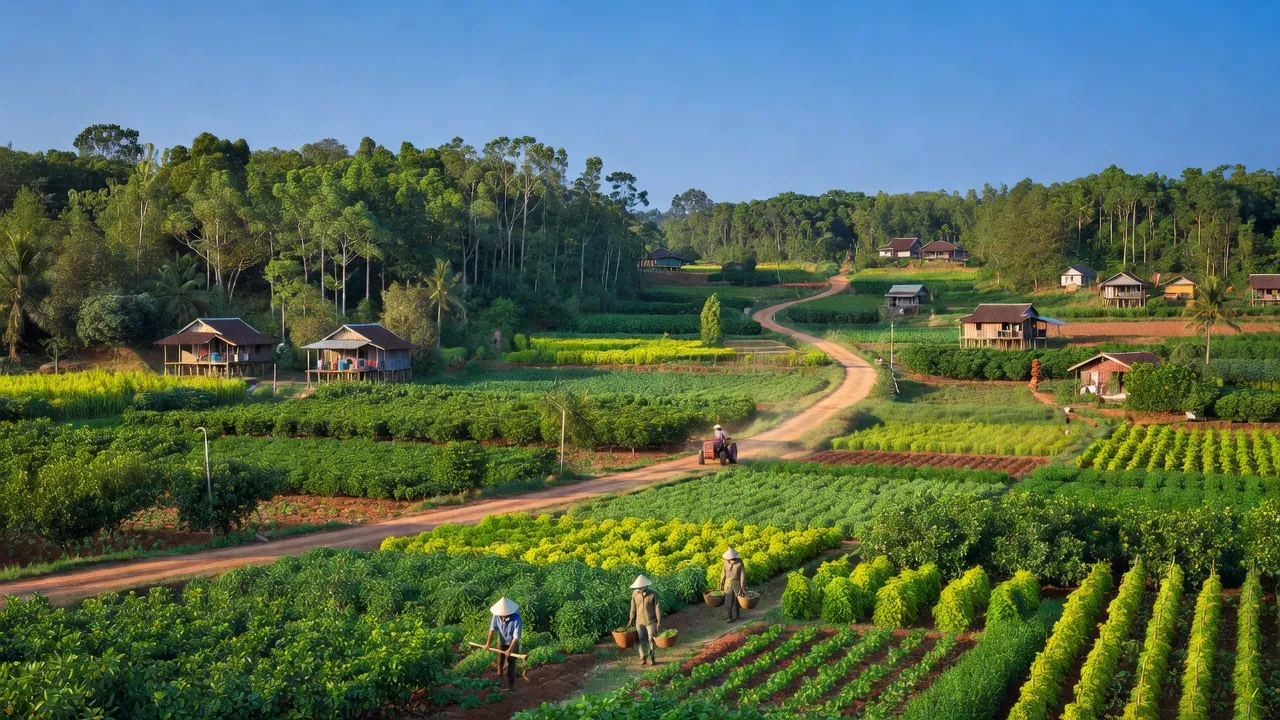 Cảnh quan xã Tân Hưng, huyện Đồng Phú, tỉnh Bình Phước với ruộng nông nghiệp xanh mát và rừng cây.