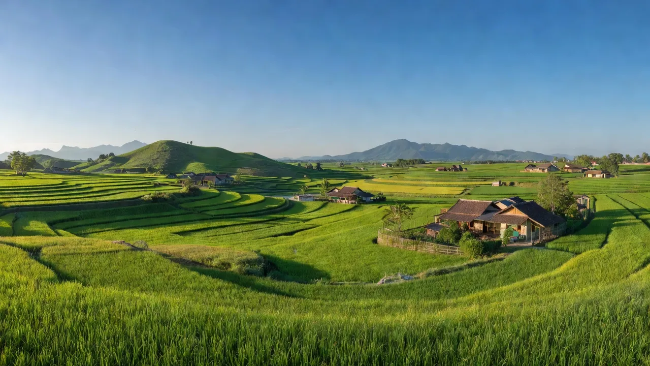 Khung cảnh yên bình tại xã Tân Lập, huyện Đồng Phú, bình Phước với đồi và đồng bằng xanh tươi.