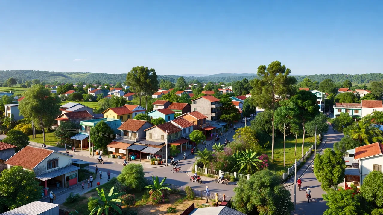 Thị trấn Tân Phú, huyện Đồng Phú, Bình Phước với cảnh quan sống động và nhộn nhịp.