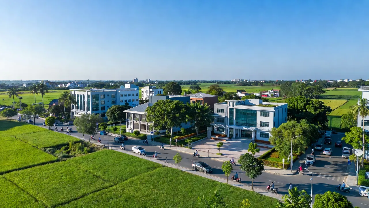 Thị trấn Tân Phú ở Đồng Phú, Bình Phước với cánh đồng xanh và các tòa nhà hiện đại.