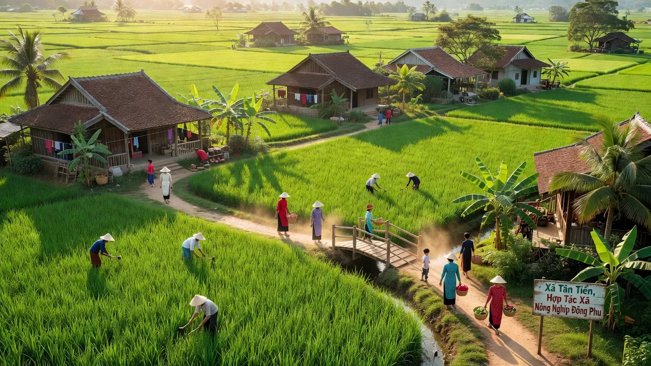 Cảnh xã Tân Tiến, huyện Đồng Phú, tỉnh Bình Phước với cánh đồng xanh và nhà cửa truyền thống.