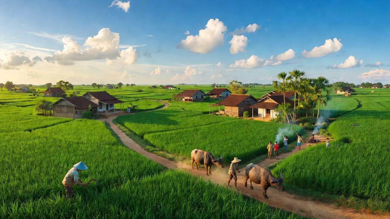 Khung cảnh tươi đẹp xã Tân Tiến, Đồng Phú, Bình Phước với cánh đồng xanh và cuộc sống nông thôn.